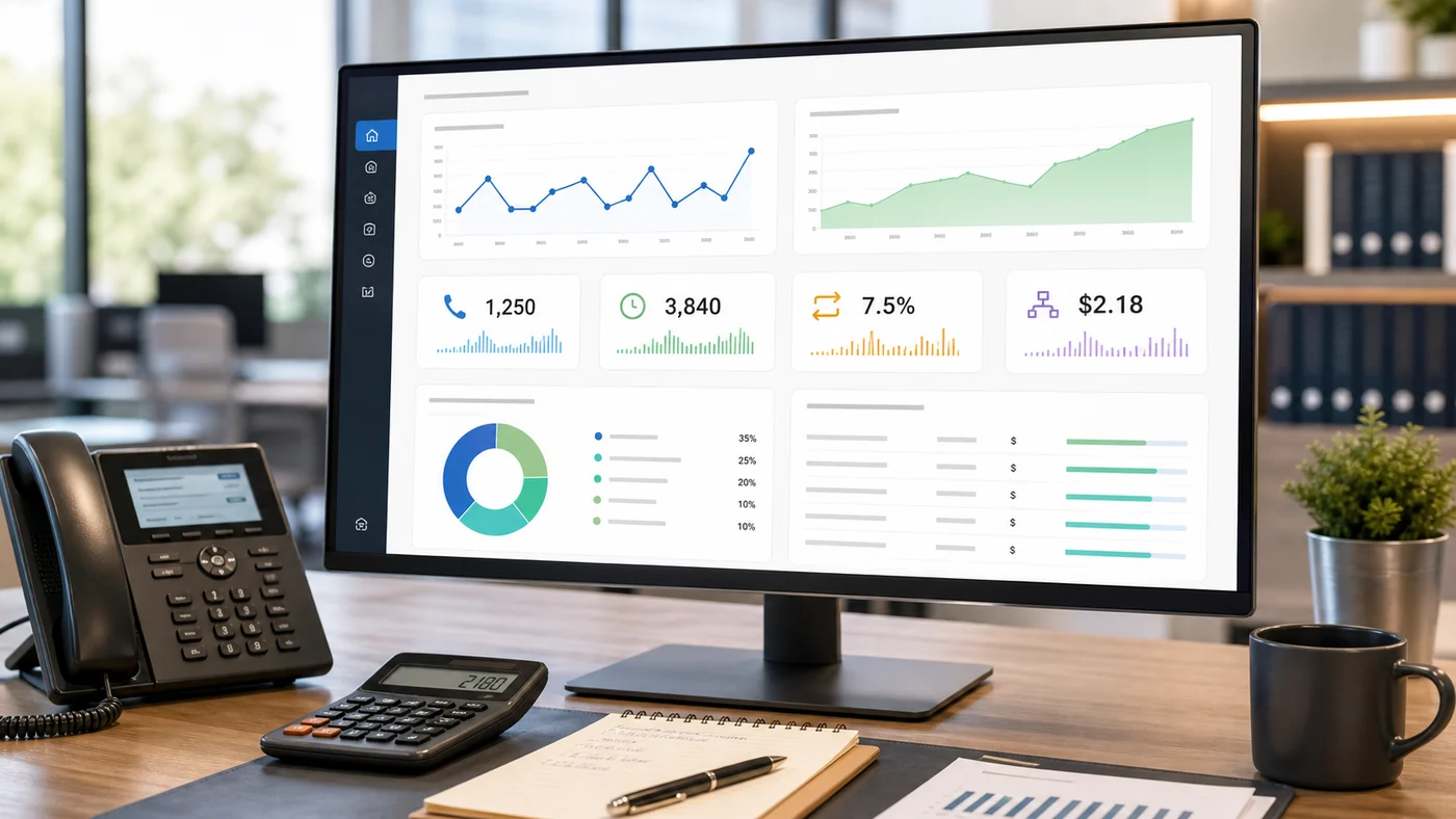 AI receptionist pricing dashboard with call volume, usage minutes, fallback percentage, and cost-per-workflow charts.