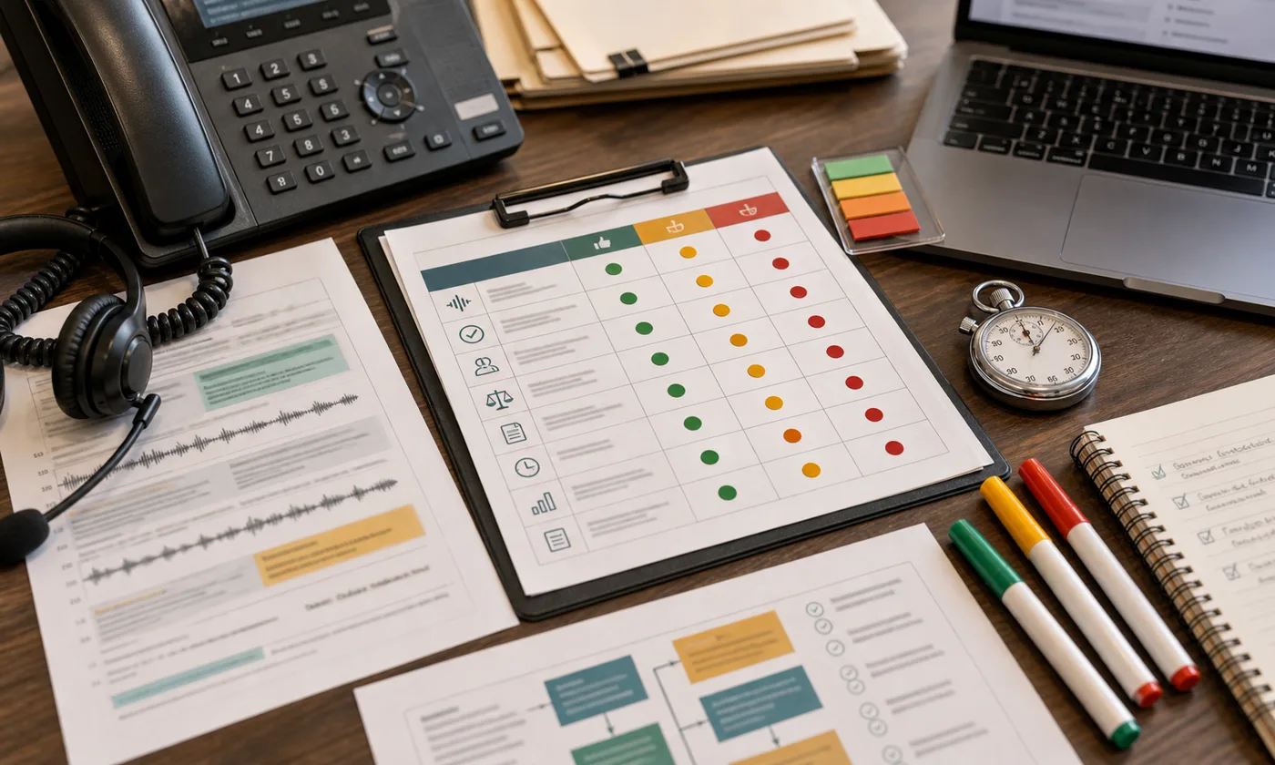Voice agent evaluation desk with score sheets, call transcripts, colored scoring markers, headset, phone, and stopwatch.