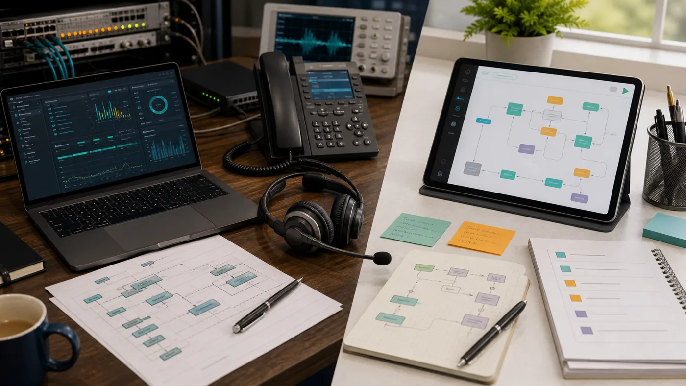 Research table comparing AI voice workflow builders, analytics dashboards, call scripts, and handoff notes.