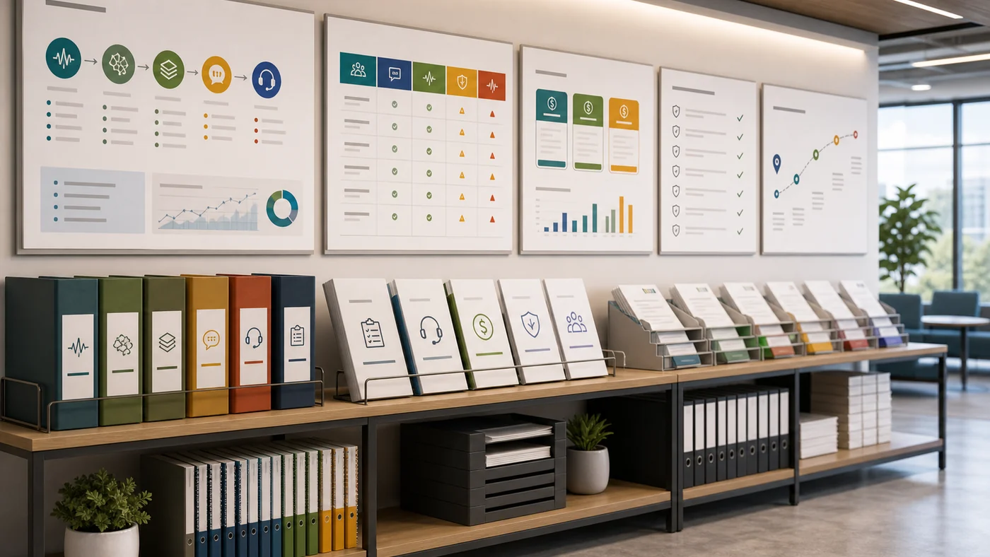 AI voice agent buyer guide resource wall with playbooks, call-test packets, pricing models, and compliance panels.