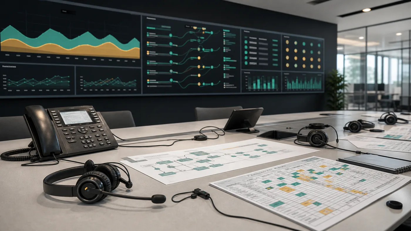 Contact center operations room with phone, headsets, routing printouts, shift grid, and wall analytics display.