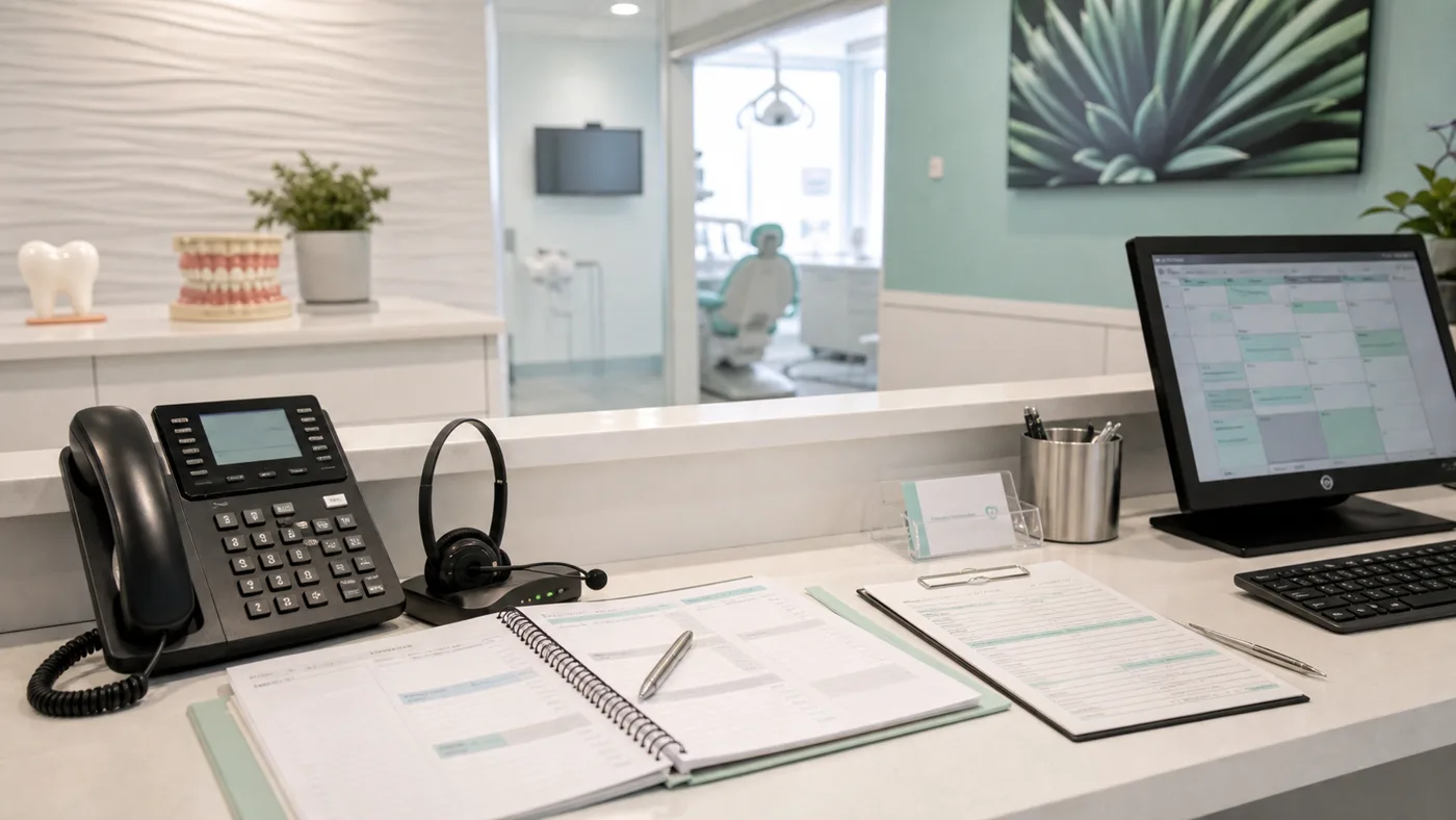 Dental reception counter with desk phone, headset, appointment calendar, intake forms, and dental office in the background.