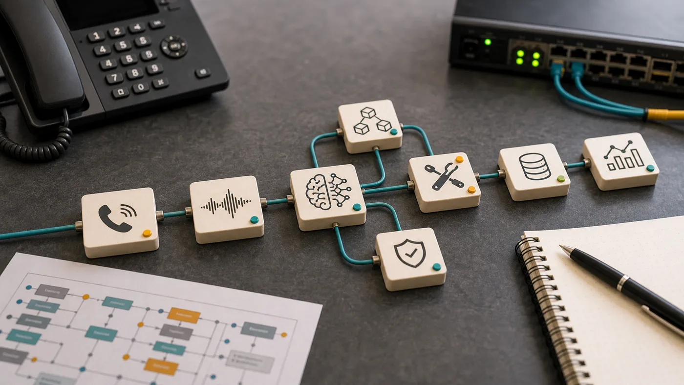 Physical tabletop model of an AI voice architecture stack with phone, speech, AI, tool, database, and analytics blocks.