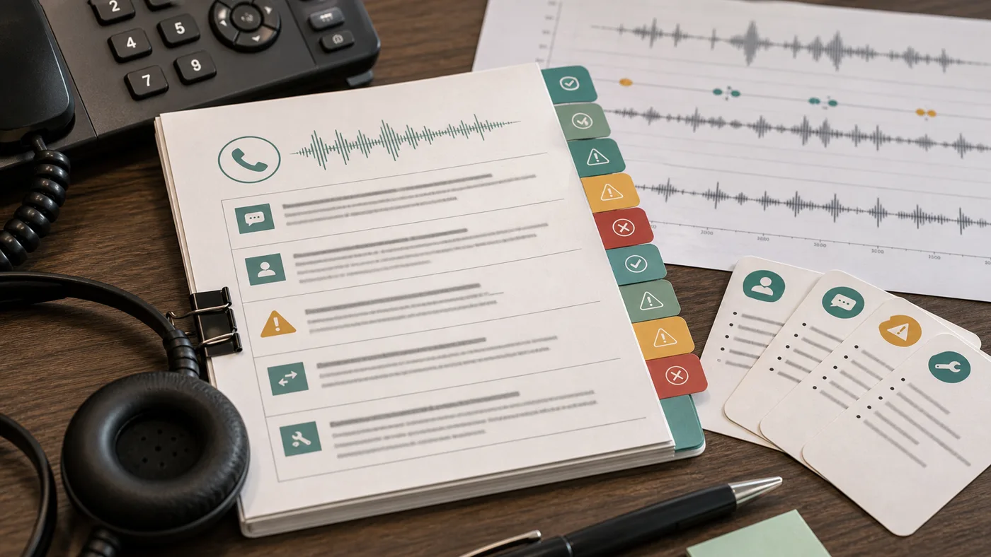 Close-up of AI voice agent call testing packet with waveform sheets, failure tabs, phone, headset, and scenario cards.
