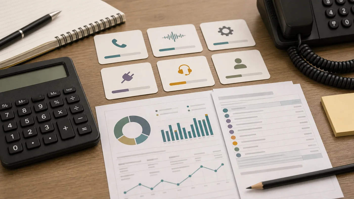 Close-up pricing desk with calculator, abstract usage charts, phone cost cards, pencil, and desk phone.