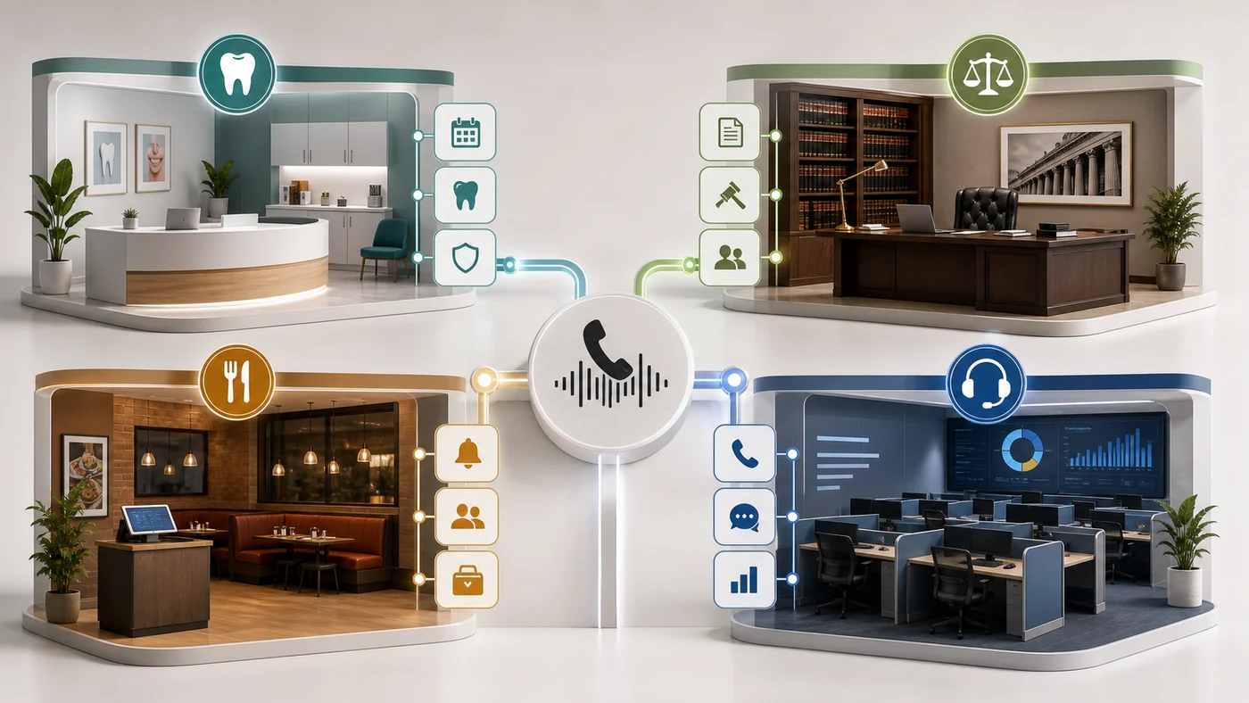 Industry call-routing map connecting dental, legal, restaurant, and contact-center AI phone workflows.