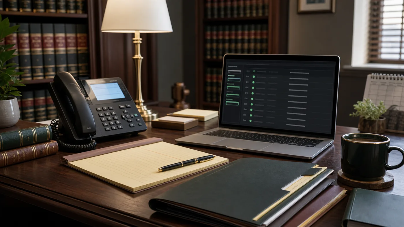 Law firm intake desk with phone, closed folders, legal pads, books, calendar, laptop queue, and office light.