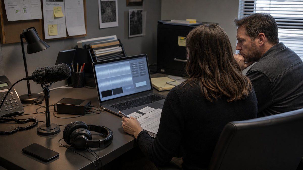 Synthetic editorial image of voice security analysts reviewing unbranded microphones, headphones, desk phones, waveform screens, and caller verification evidence.