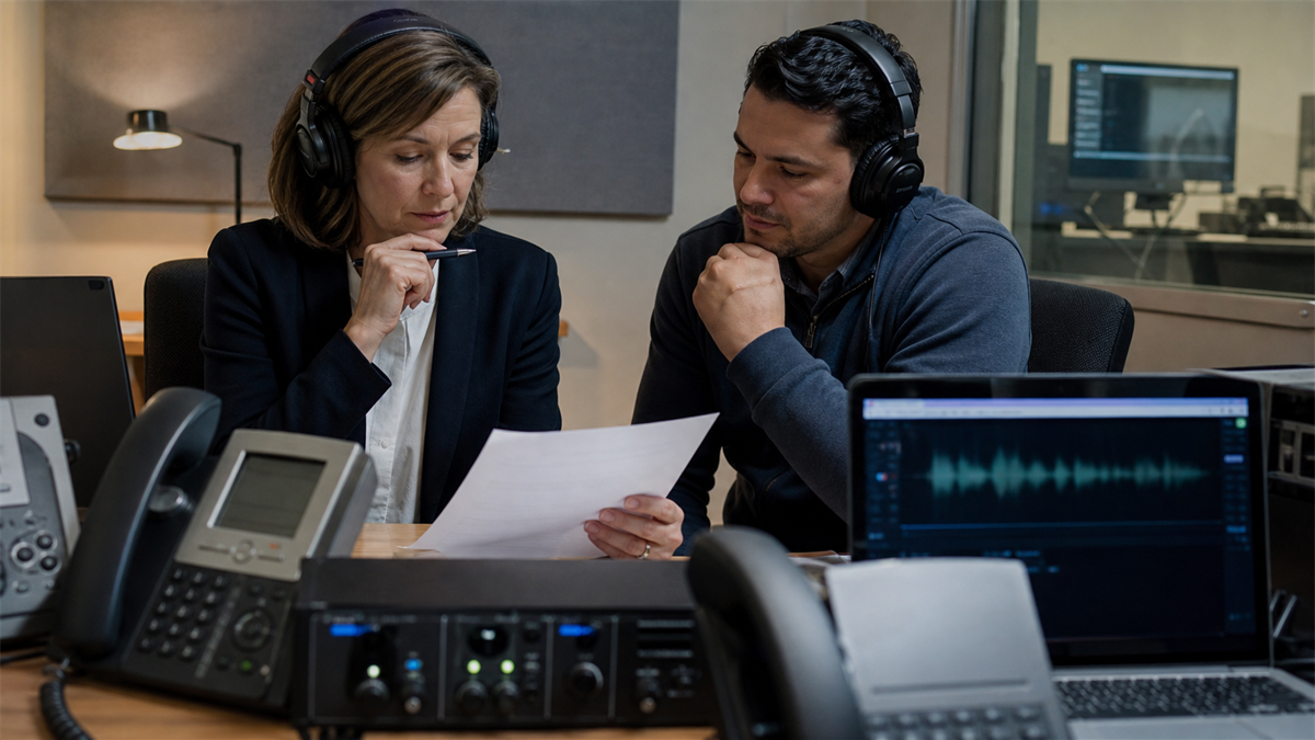 Synthetic editorial image of voice operations and compliance staff reviewing AI call disclosure controls with unbranded audio equipment.