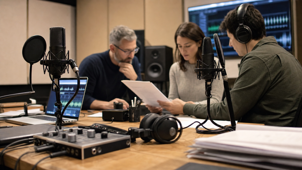 Synthetic editorial image of voice operations and compliance staff reviewing audio consent evidence in an unbranded studio.