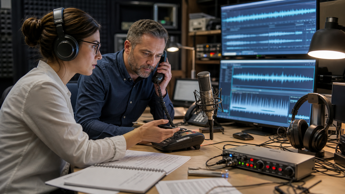 Synthetic editorial image of voice security researchers reviewing unbranded audio waveforms, microphones, desk phones, and caller verification evidence.