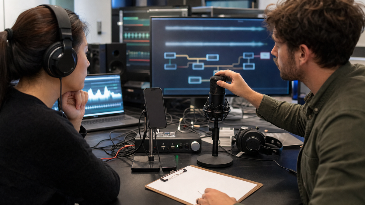 Synthetic editorial image of voice AI operators testing unbranded microphones, headphones, waveform monitors, model routing notes, and conversation QA evidence.