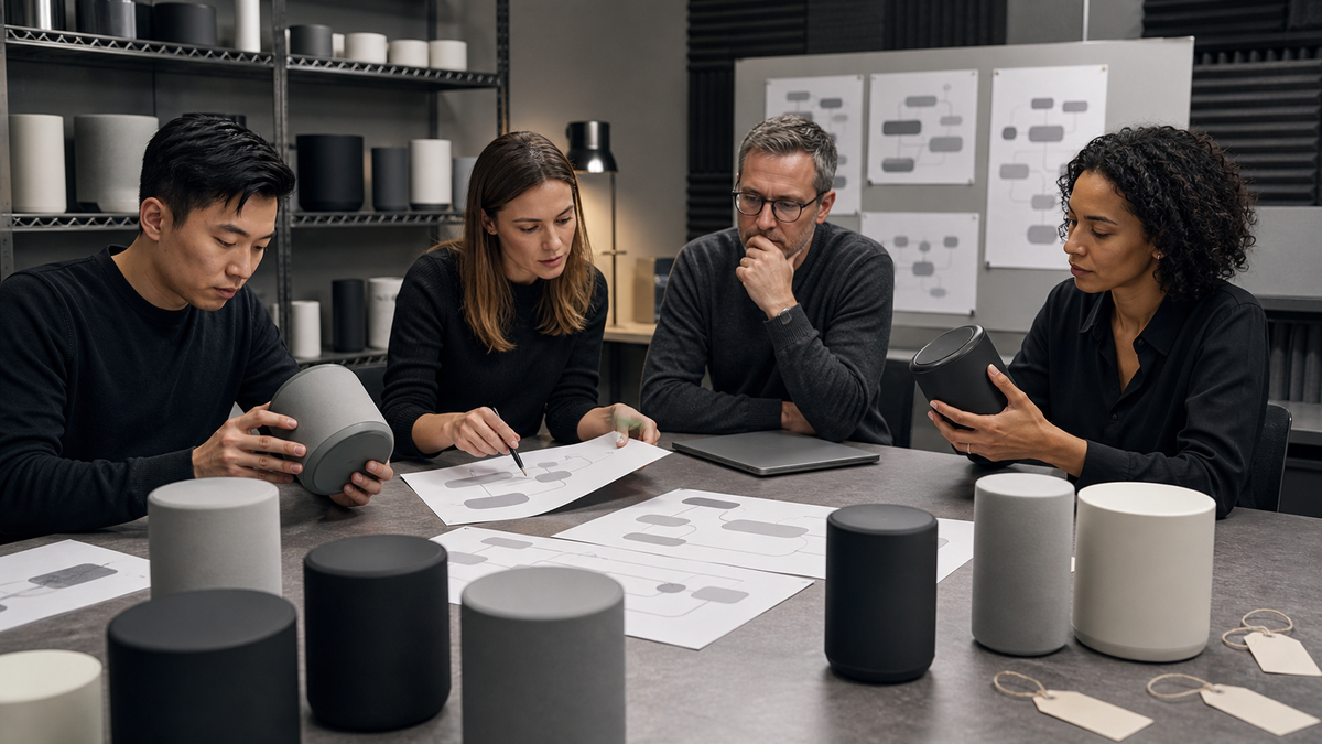 Synthetic editorial image of voice AI procurement staff reviewing unbranded smart speaker hardware, voice workflow notes, and roadmap risk evidence.