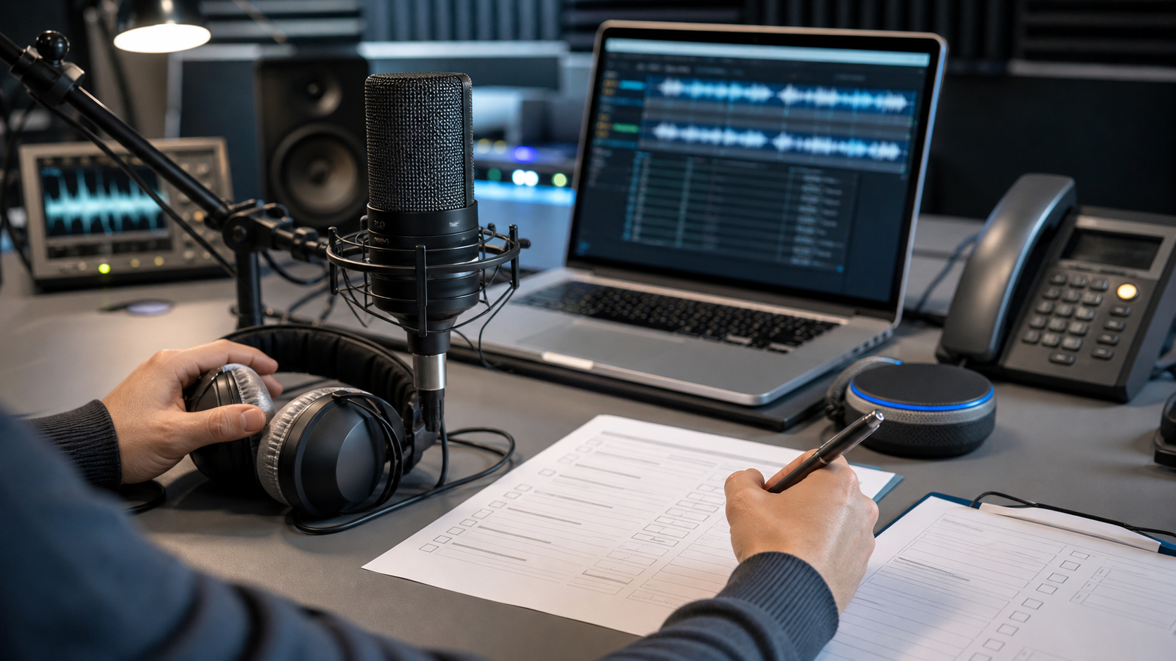 Synthetic editorial image of a voice AI testing lab with microphone, headphones, desk phone, blurred waveform monitor, speaker, and blank containment test paperwork.