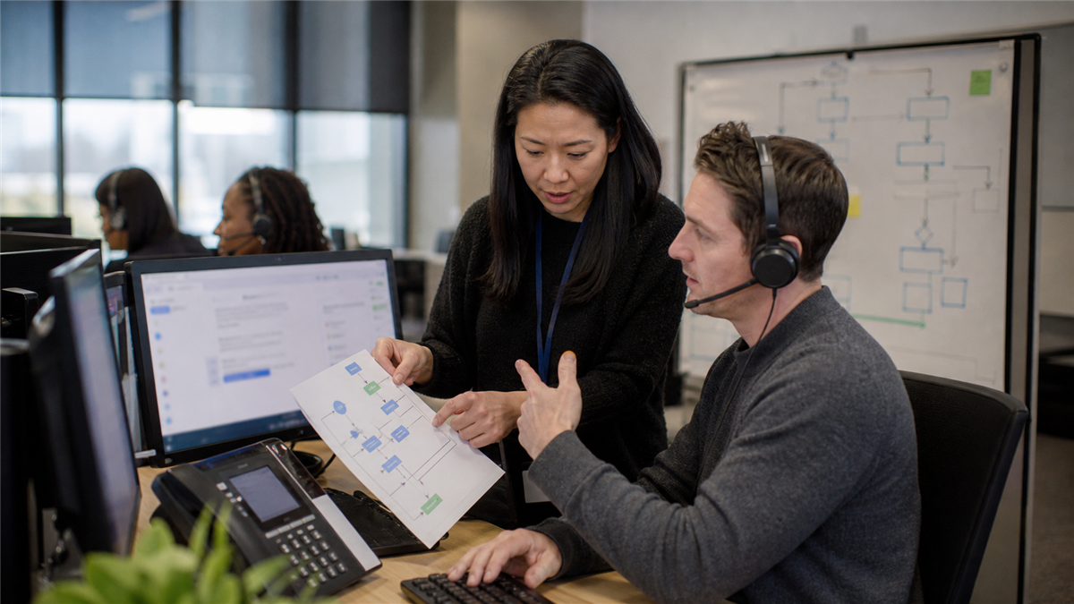 Support and compliance team testing AI voice and chatbot handoff to a human agent in a customer operations room.