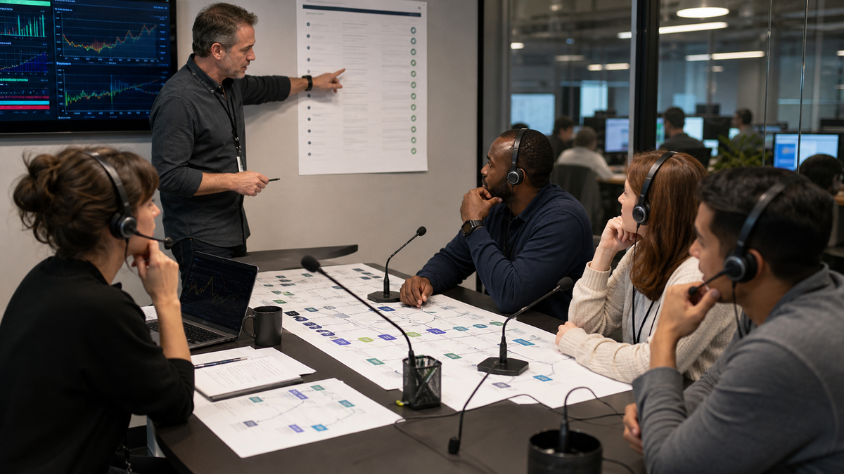 Contact-center QA team reviewing voice AI test calls, headsets, microphones, and production monitoring evidence.