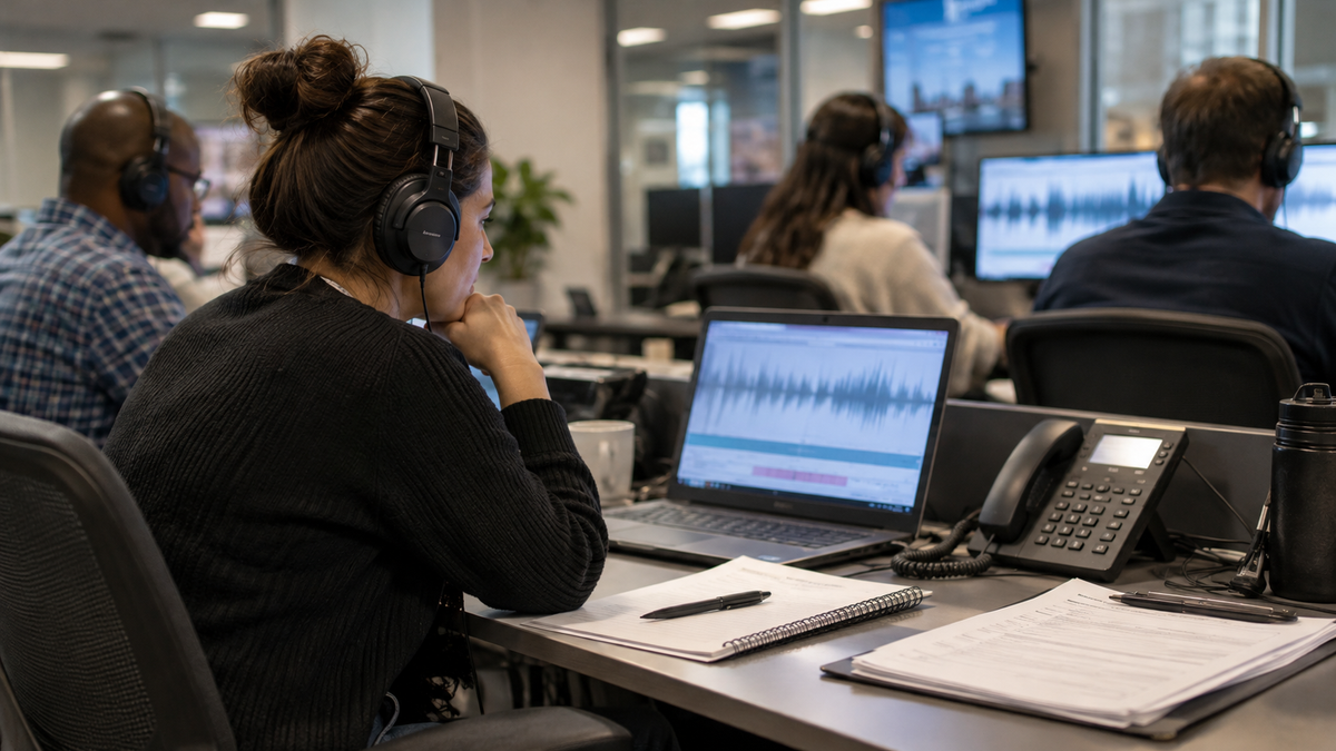 Synthetic representative editorial scene of an unbranded voice QA review desk; not Co-op, OpenAI staff or an actual monitored call.