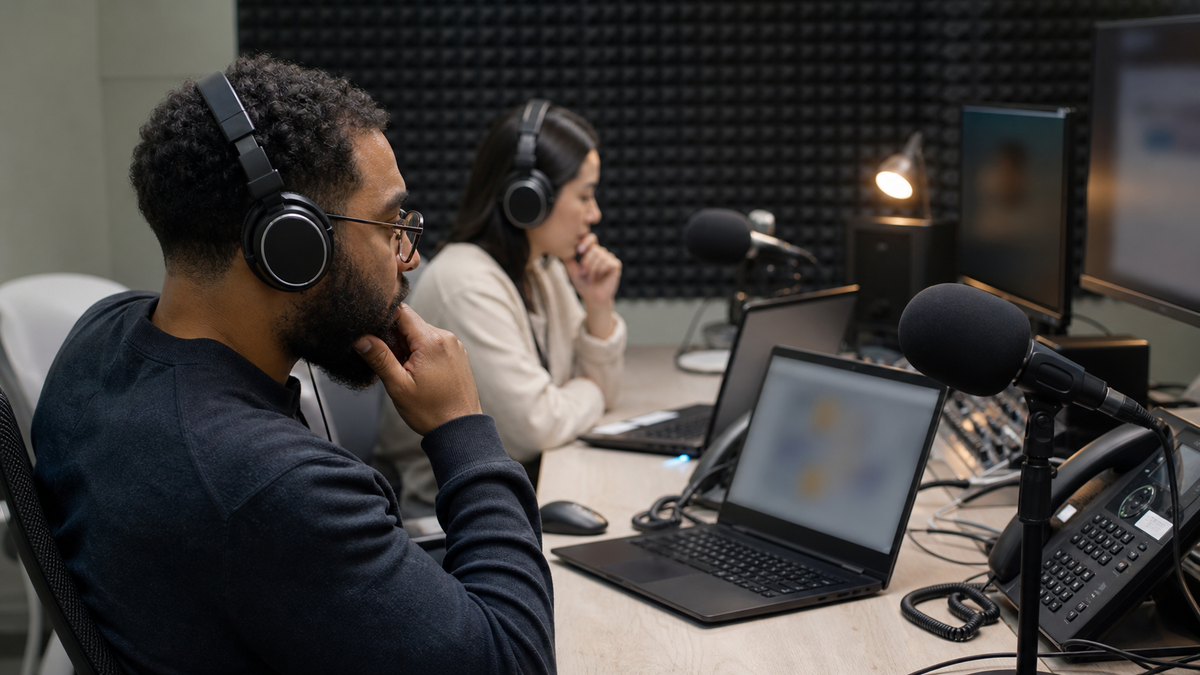 Voice AI testing lab with reviewers, microphones, headsets, and blurred call-monitoring screens.