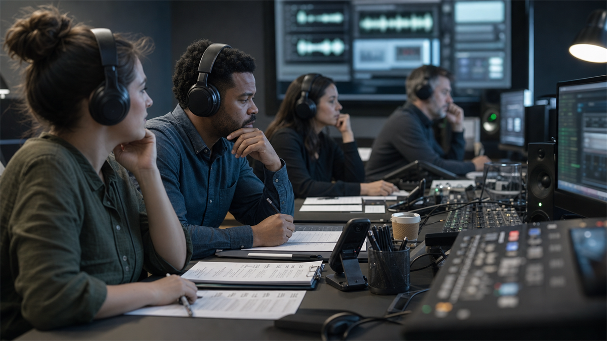 Synthetic editorial image of voice AI evaluation staff reviewing unbranded call testing, waveform monitors, and scenario evidence.