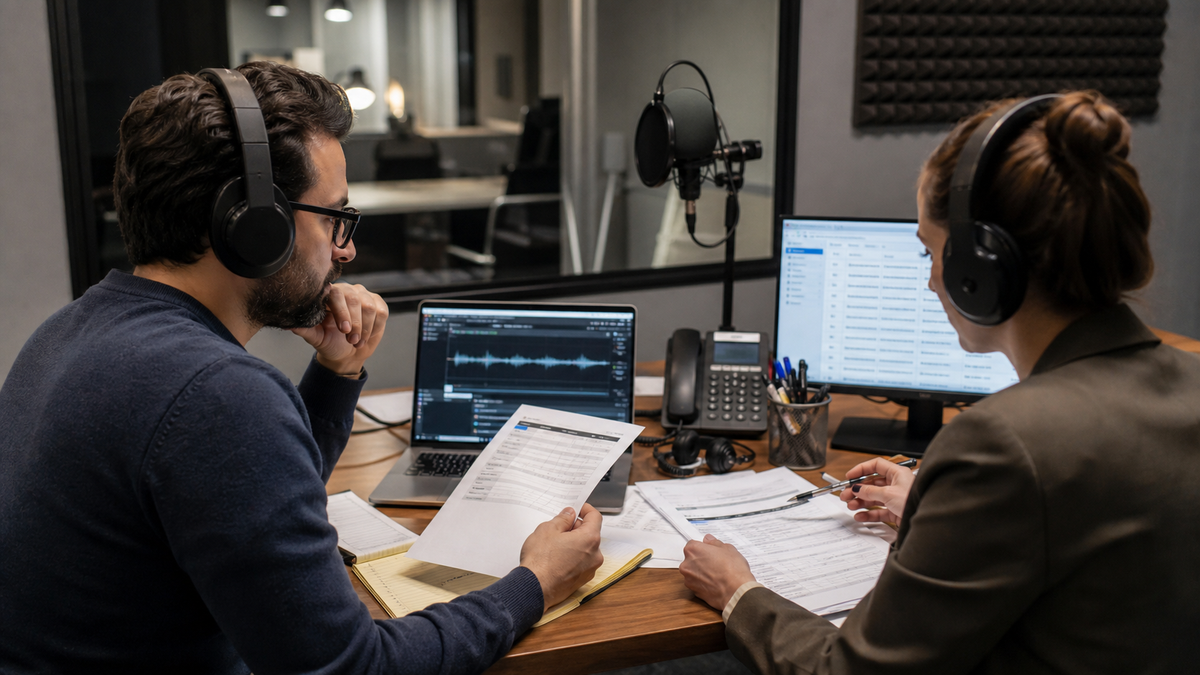 Synthetic editorial image of a voice AI call-training review studio with microphones, headsets, waveform screen, blank QA forms, and unbranded laptops.