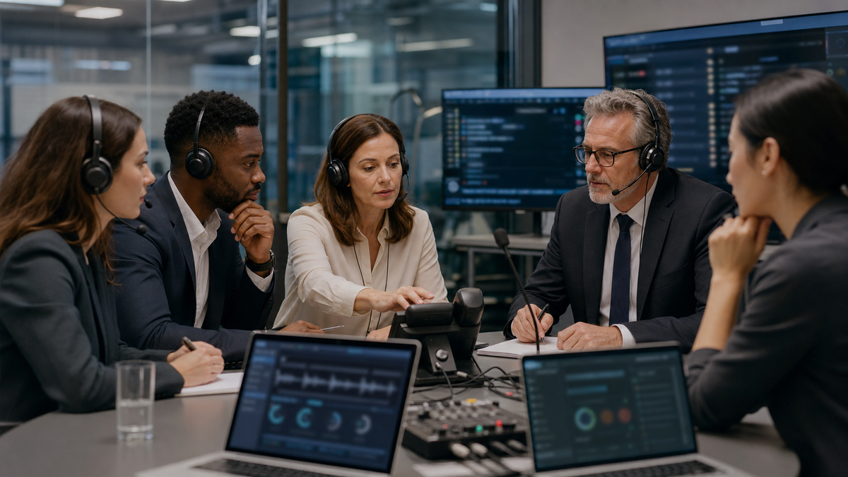 Voice AI product, legal, and operations team testing disclosure, audit logs, consent controls, microphones, and headsets in a compliance lab.
