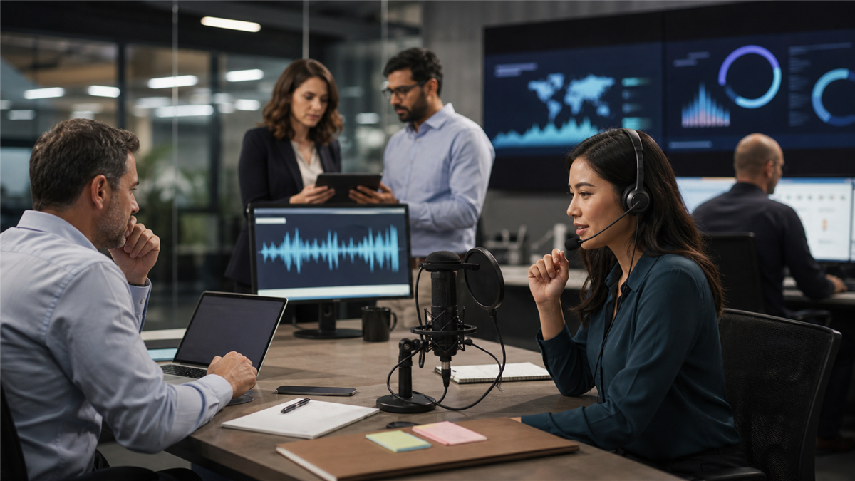 Synthetic editorial image of a financial services fraud and compliance team testing an unbranded voice AI workflow with microphones, headsets, and blurred dashboards.