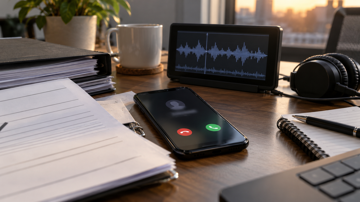 Synthetic representative editorial scene of an unbranded consent and voice-call review desk; not an FCC facility, campaign office or actual political robocall.
