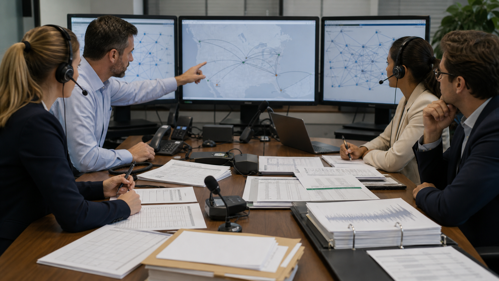Voice AI compliance and telecom team tracing call paths with microphones, headsets, phone-number inventory, routing diagrams, and compliance evidence.