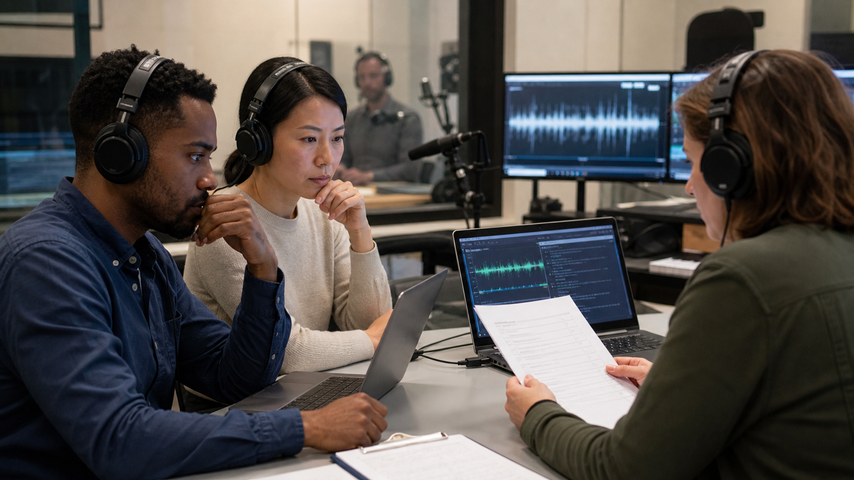 Voice AI governance team reviewing call transcripts, waveform monitors, accuracy tests, and compliance notes.