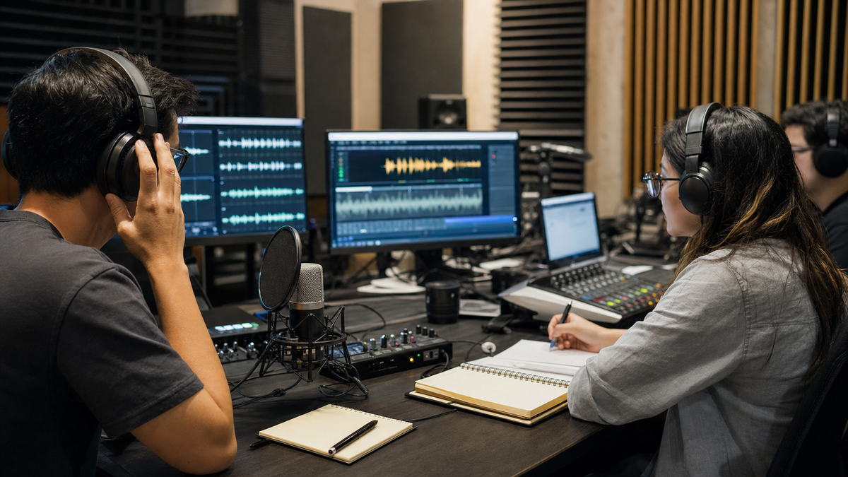 Synthetic editorial image of voice AI evaluation staff reviewing unbranded microphones, audio waveforms, latency screens, and production model evidence.
