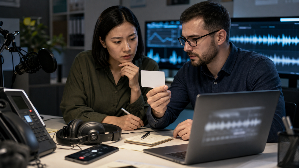 Synthetic editorial image of fraud analysts reviewing an unbranded suspicious voice call, audio waveform, phone, microphone, and blank caller verification card.