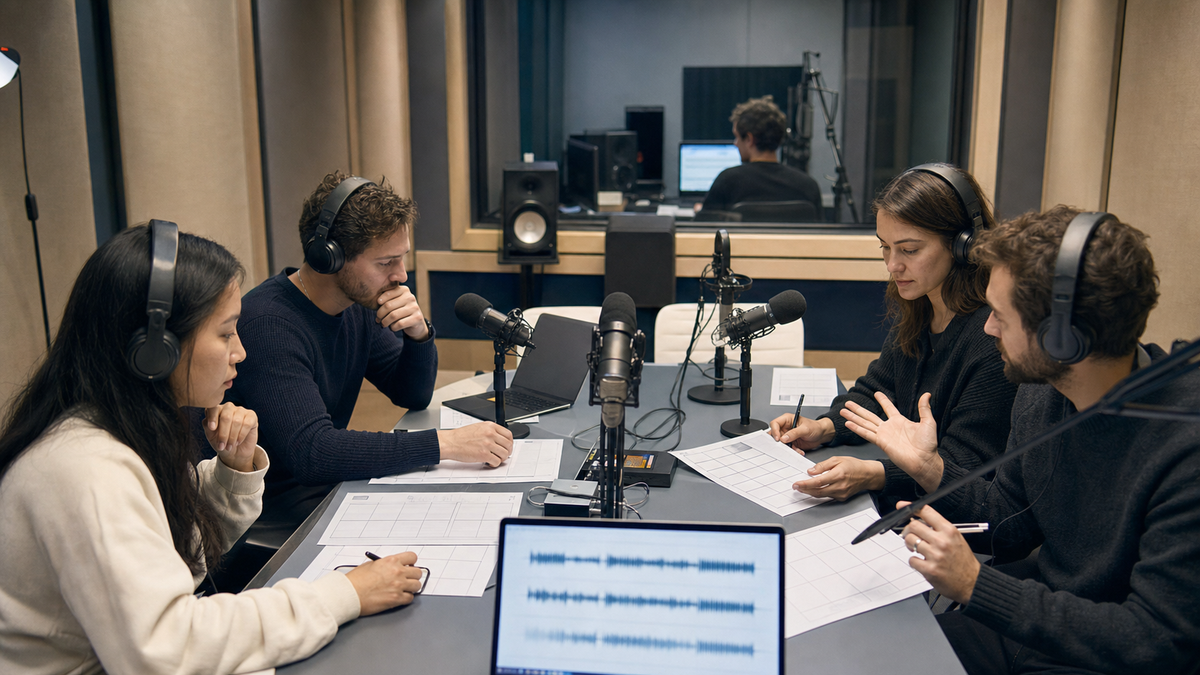 Synthetic editorial image of voice AI evaluators reviewing unbranded audio recordings, microphones, waveform evidence, and human quality ratings.