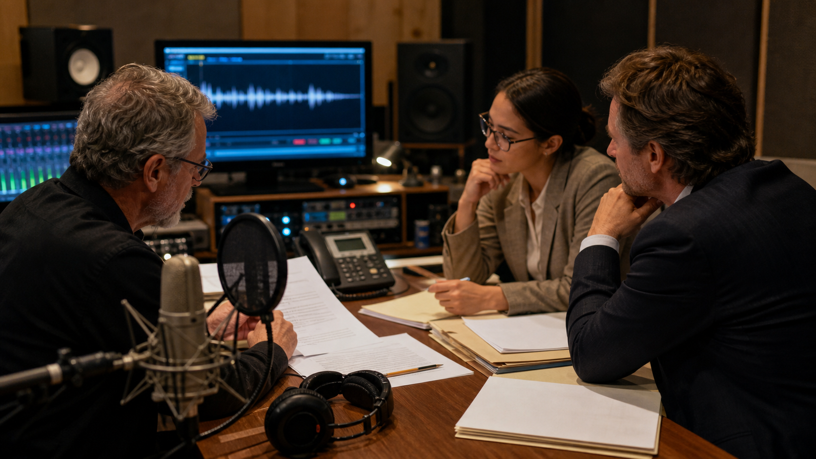 Synthetic editorial image of a voice AI consent review studio with microphone, headphones, waveform screen, desk phone, and blank review paperwork.