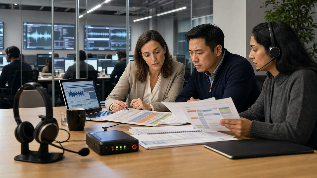 Synthetic editorial image of a voice agent compliance team reviewing unbranded call recording equipment, headsets, risk controls, and blurred dashboards.