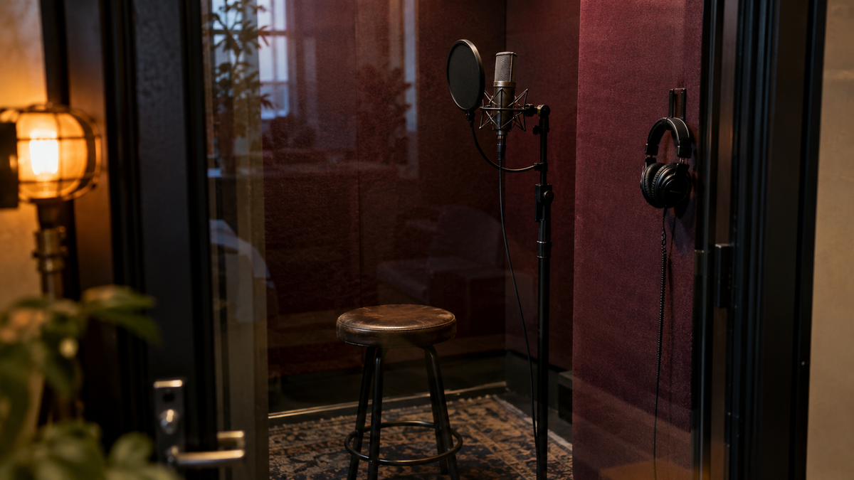 Synthetic representative editorial scene of an empty unbranded recording booth; not Giorgia Meloni, her recording session or a named company's facility.