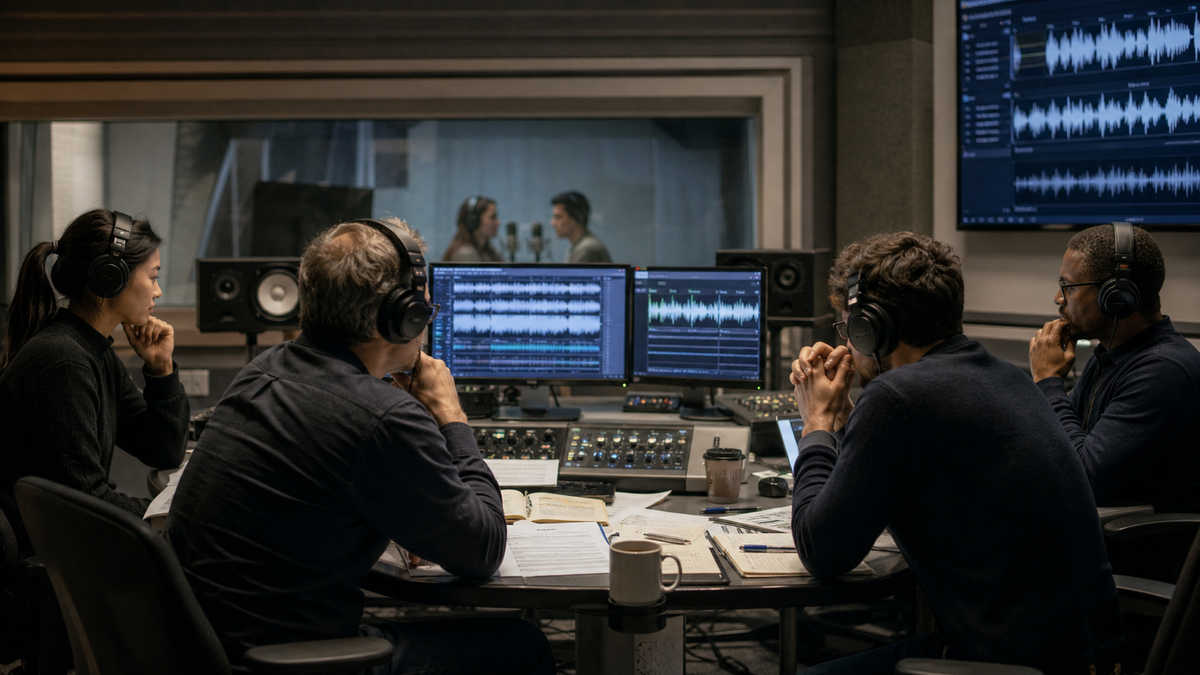 Synthetic editorial image of voice AI evaluation staff reviewing unbranded full-duplex calls, waveform monitors, interruptions, and handoff evidence.