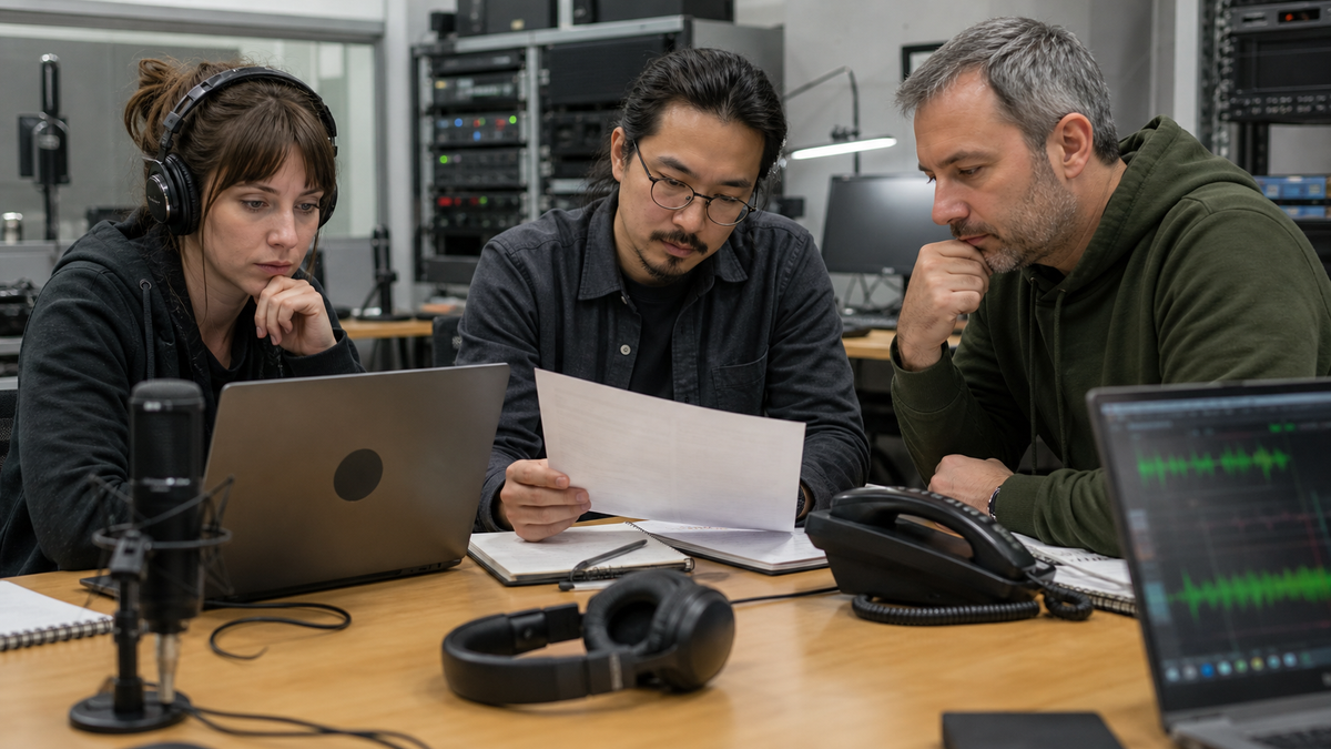 Synthetic editorial image of voice security operators reviewing unbranded microphones, tool-permission screens, network containment diagrams, and incident logs.