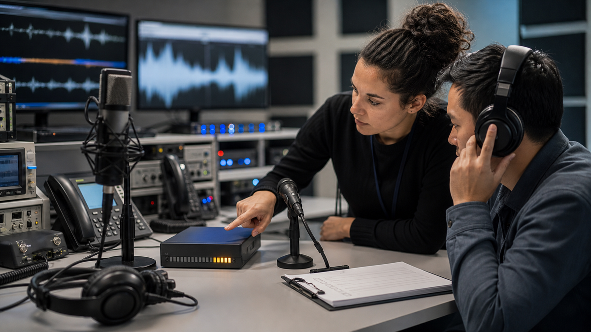 Synthetic editorial image of a voice-agent testing lab with unbranded microphones, headphones, waveform monitors, and production review equipment.
