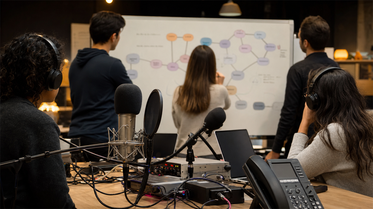 Voice AI testing team reviewing call-flow orchestration, microphones, headsets, and rollback controls.