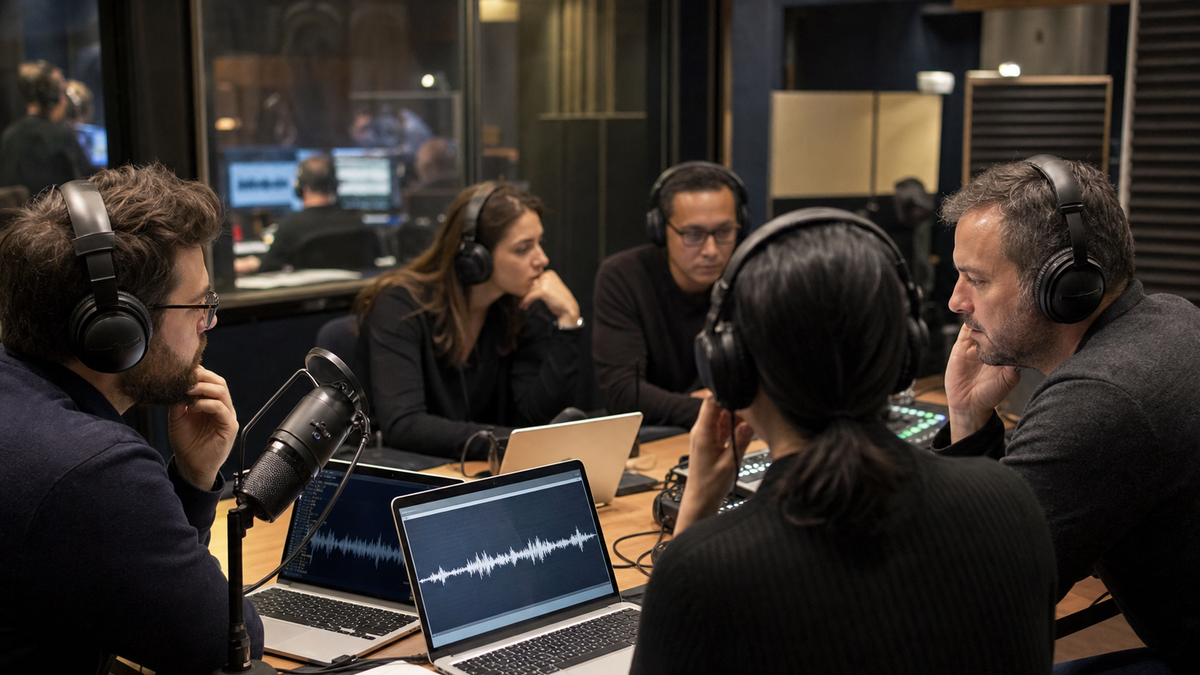 Synthetic editorial image of voice AI evaluation staff reviewing unbranded call recordings, waveform screens, and production voice model evidence.