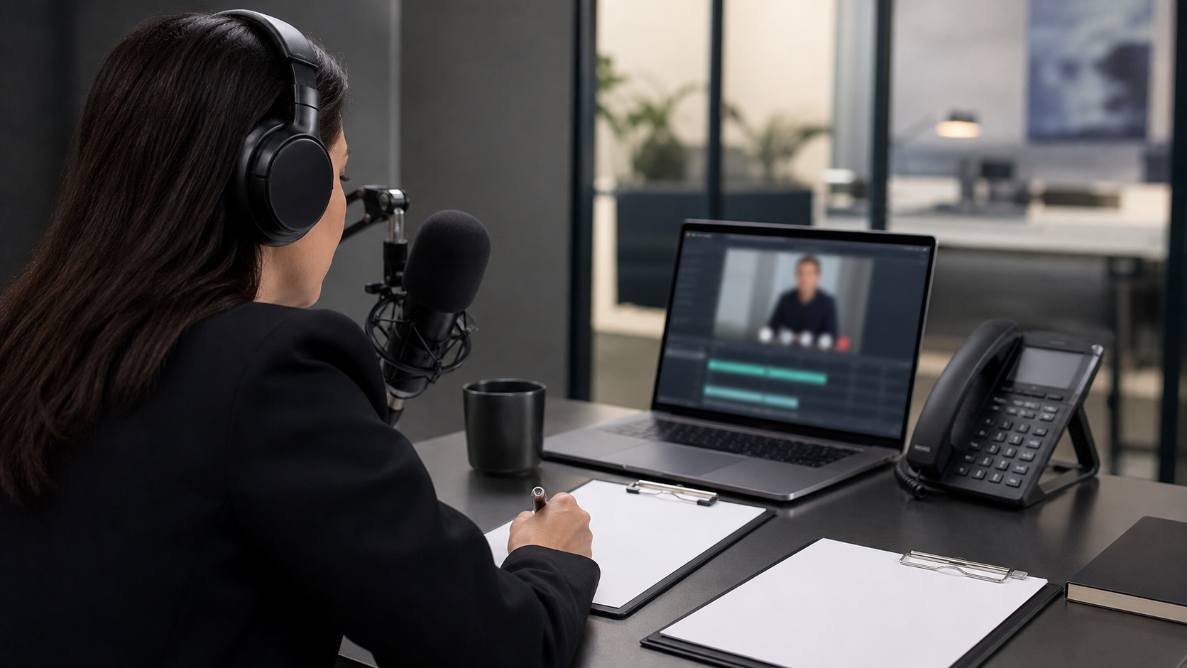 Synthetic editorial image of a recruiting interview review studio with microphone, headset, desk phone, blurred interview timeline, and blank evaluation forms.