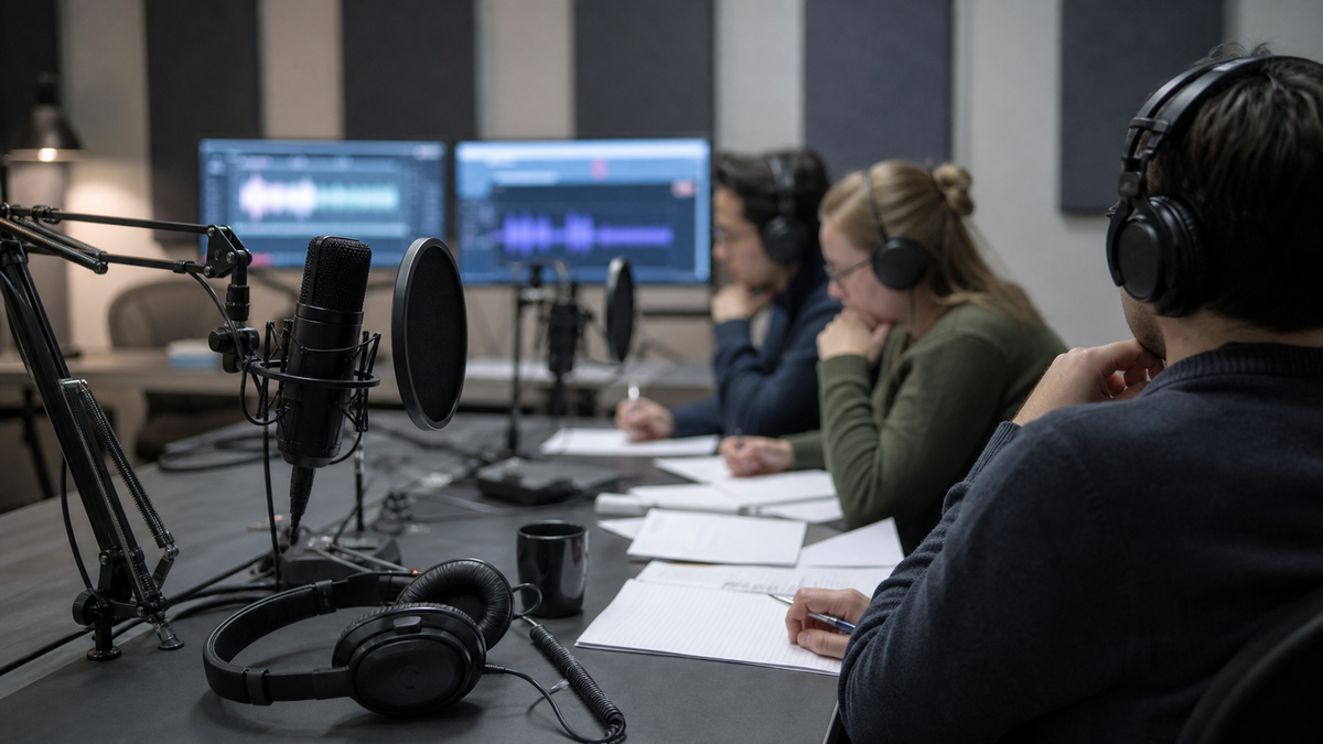 Synthetic editorial image of voice AI evaluation staff reviewing unbranded call recordings, waveform monitors, escalation flags, and QA evidence.
