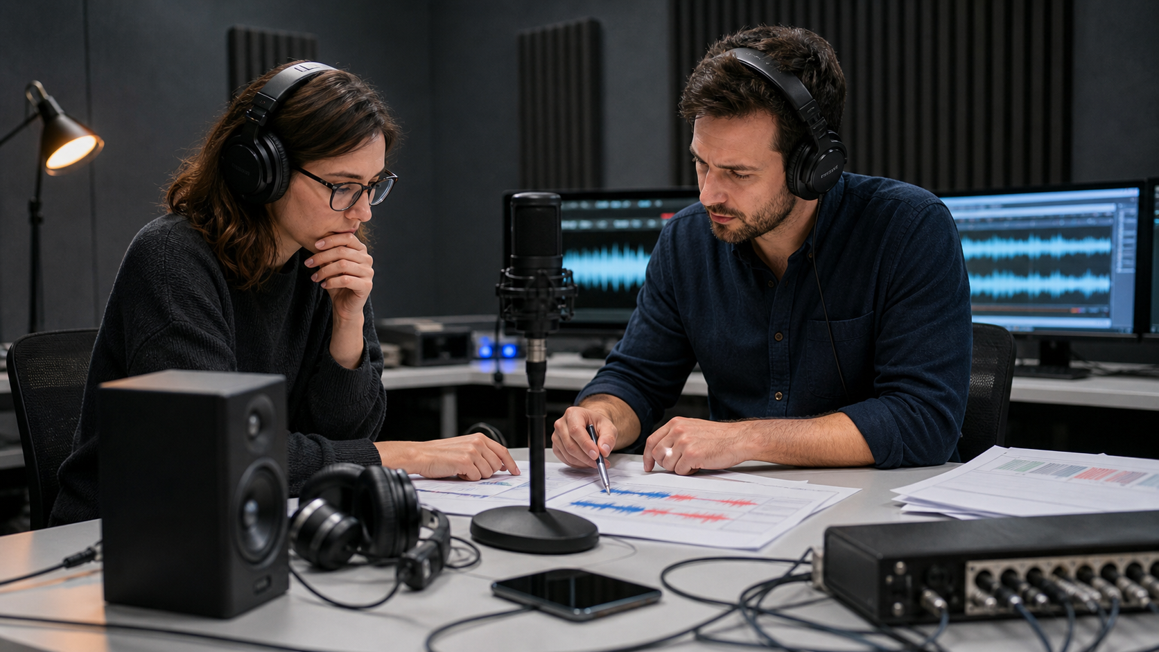 Synthetic editorial image of audio forensics analysts reviewing unbranded voice waveforms, microphone evidence, and clone attribution notes.