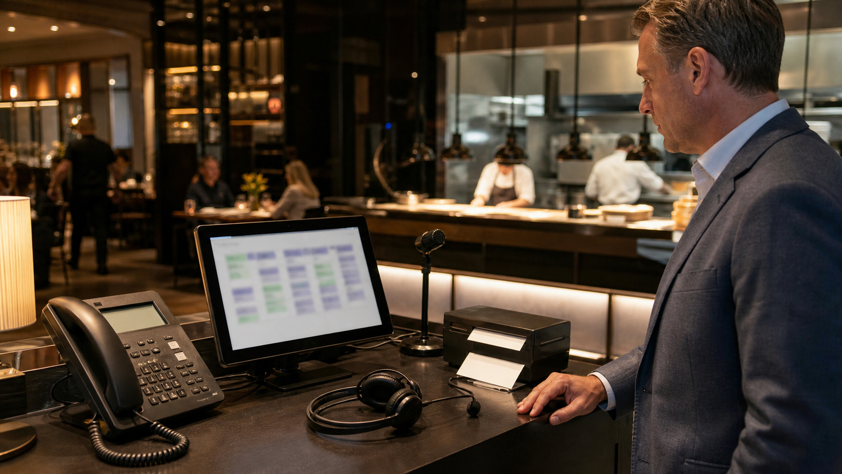 Synthetic editorial image of a restaurant host stand with unbranded phone, blurred reservation tablet, blank kitchen tickets, headset, and microphone.