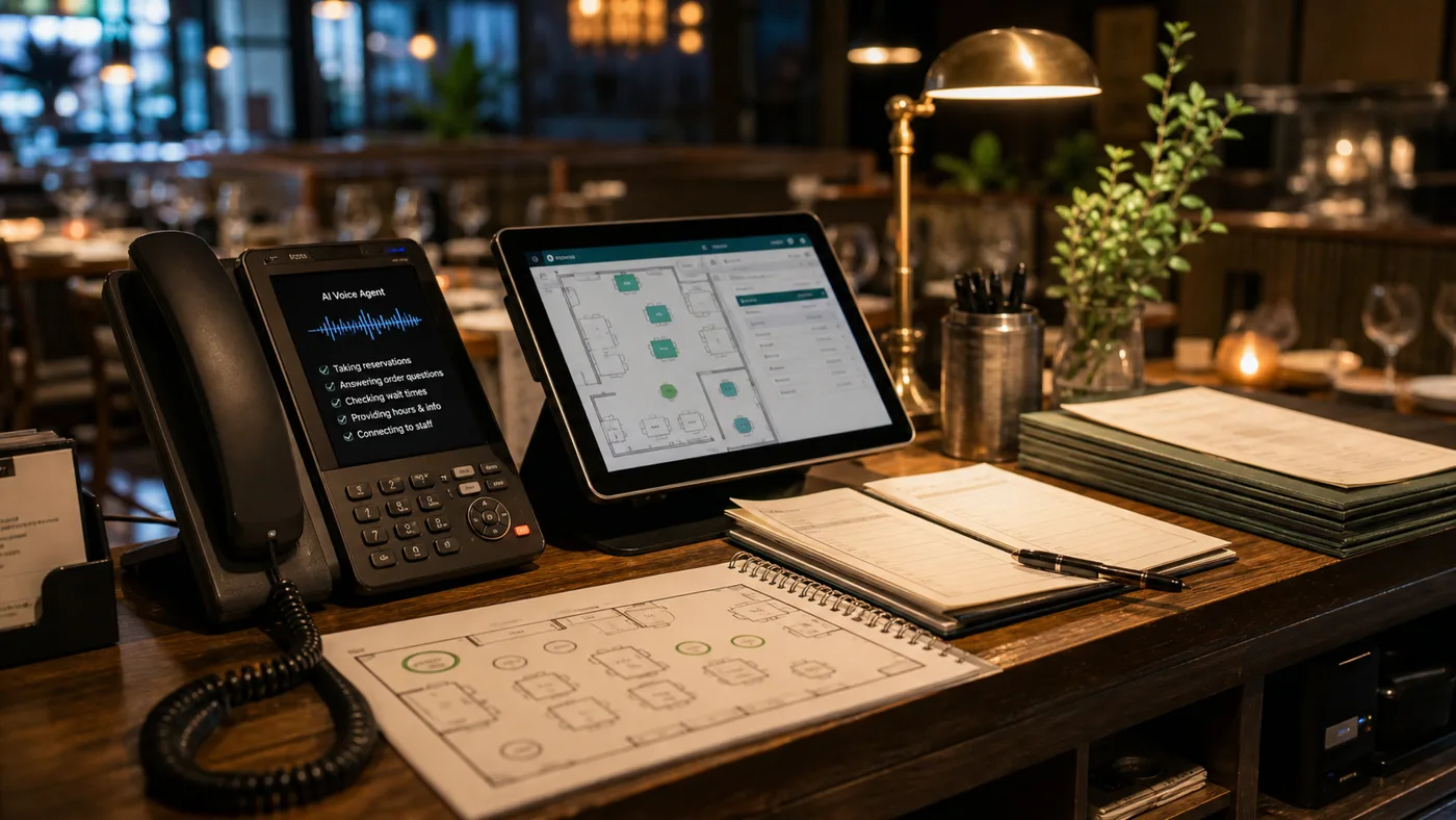 Restaurant host stand with desk phone, tablet table map, reservations, menu stack, and dining room in the background.