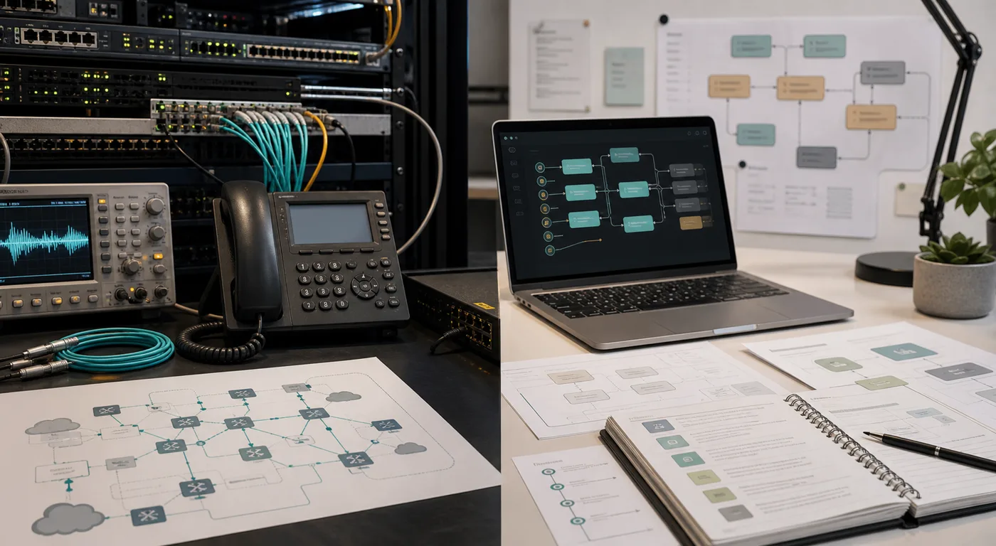 Infrastructure desk comparing carrier voice stack and AI voice agent orchestration.