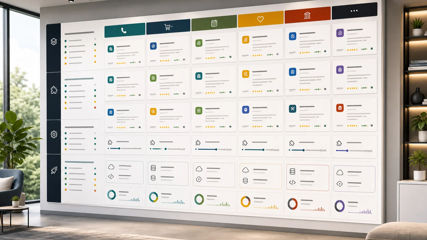 AI voice agent tools directory wall with category cards, scoring markers, filters, and buyer-fit indicators.