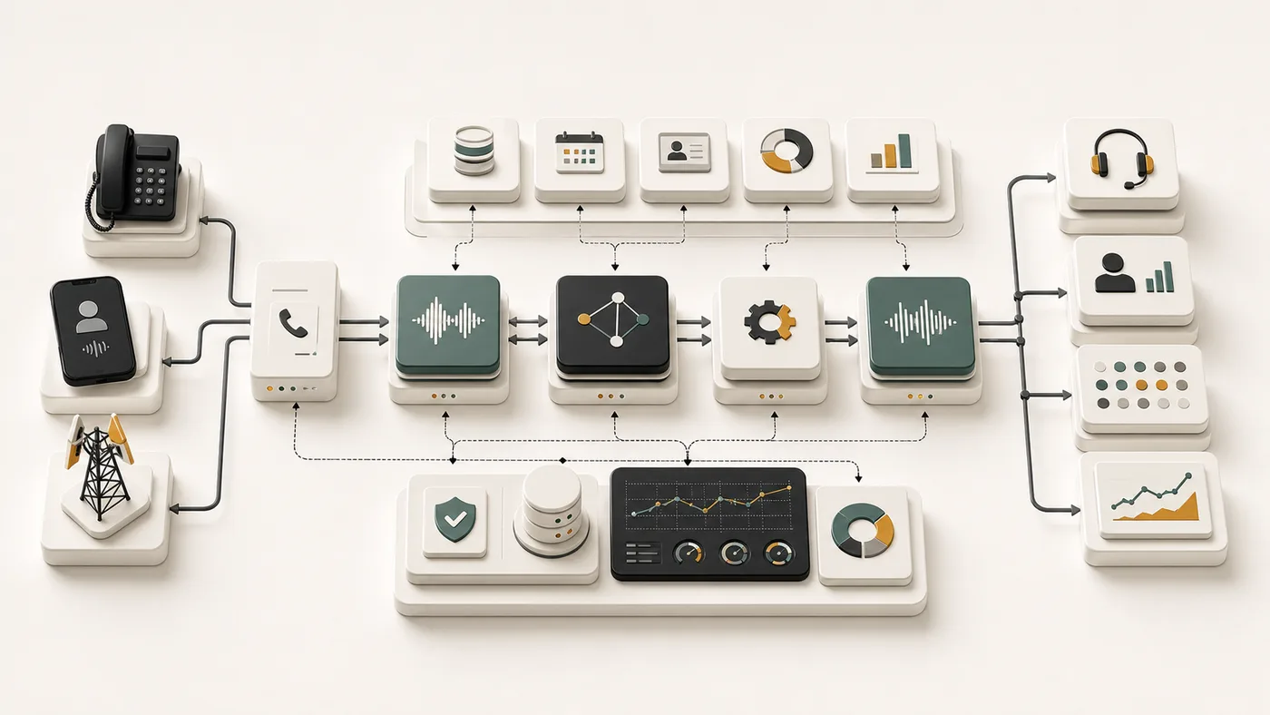 AI voice agent architecture stack showing phone input, speech models, tool calls, analytics, and handoff routes.