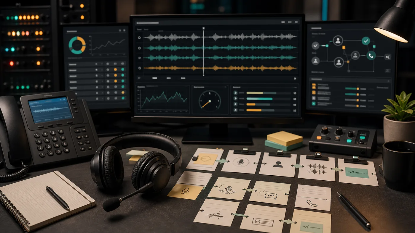 Voice agent QA desk with call monitoring screens, waveform timelines, routing cards, headset, and phone console.