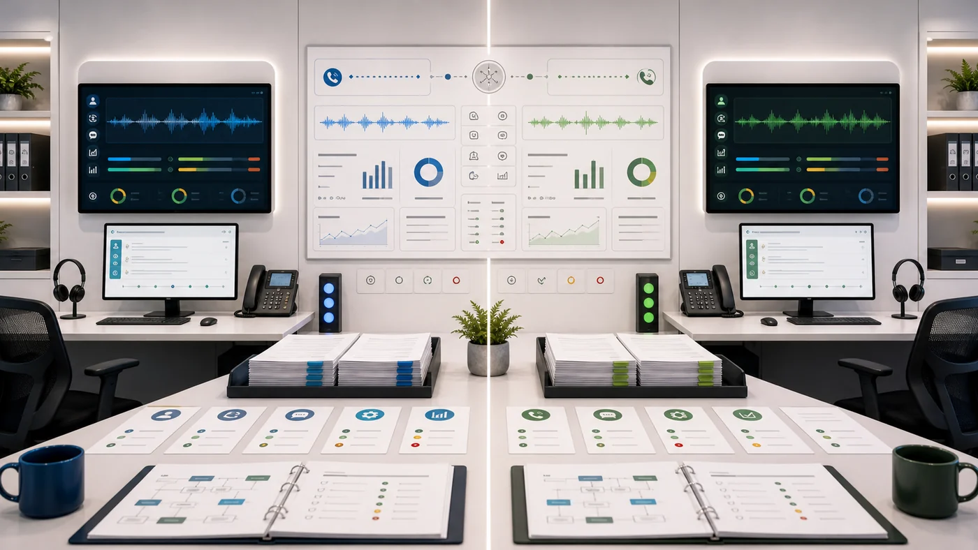 Side-by-side AI voice agent comparison lab with mirrored call-test lanes, waveform meters, transcript packets, and outcome cards.